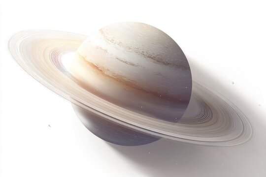 A detailed, realistic rendering of a gas giant planet with prominent rings, set against a stark white background, casting a subtle shadow