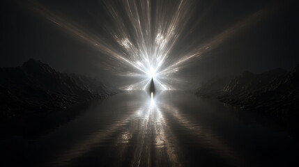 Leinwandbilder - A silhouette stands before a radiant light source reflected in a tranquil body of water
