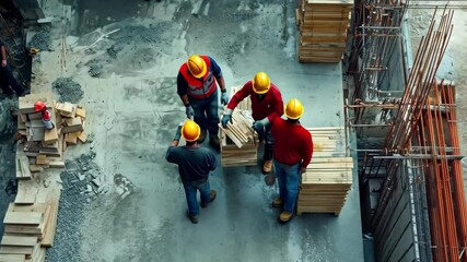 Poster - Construction team engages in collaborative effort using materials on site during busy workday, Time lapse of busy construction team working together on building site