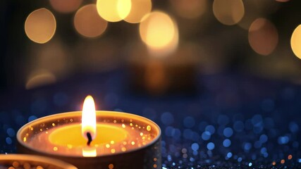 Poster - Soft glow of two lit candles illuminating a sparkly surface with gentle bokeh lights at night, Two lit candles with glittery surface and bokeh lights in background
