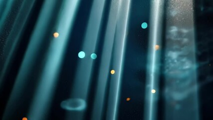 Poster - Dazzling blue glitter particles fall gracefully through illuminated light rays in a captivating display, Blue glitter particles falling in light rays