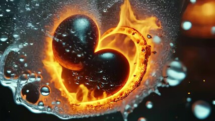 Poster - Yin yang symbol representing unity of water and fire in captivating artistic display, yin yang symbol with water and fire in unity video background