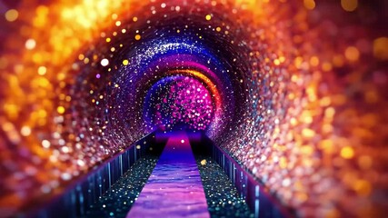 Fototapete - Colorful tunnel filled with vibrant particles creating a mesmerizing visual experience, Amazing Color Changing Tunnel With Particles Filling The Air