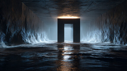 Leinwandbilder - A mysterious doorway stands amidst the water in a dark, cavernous tunnel