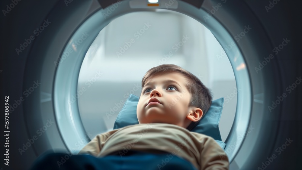 Child in mri scanner. A young boy lies still inside an mri scanner ...