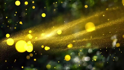 Poster - Yellow particles swirl in a vibrant display of light within a lush green environment, yellow particles rush and light