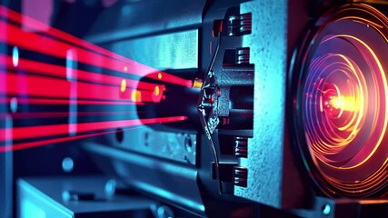 Poster - Abstract retro futurism design showcasing shining light from a laser projector in vibrant colors, Abstract retro futurism design Shining light from the slide projector VJ