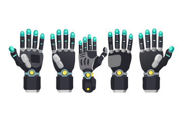 Poster - Collection of futuristic robotic hands with glowing blue fingertips and metallic details