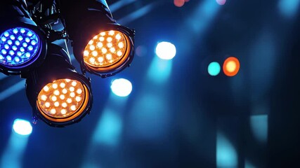 Poster - Bright stage lights illuminate the fairground atmosphere with vibrant colors and defocused background, Stage lights at the local fair, defocused background