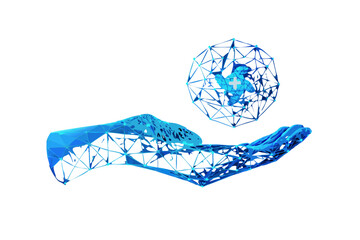 Poster - Abstract blue polygonal hand holding a glowing digital sphere with medical cross