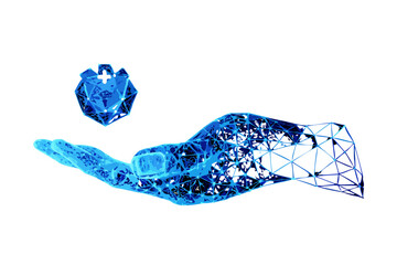 Poster - Holographic blue hand holding a glowing medical symbol with a plus sign