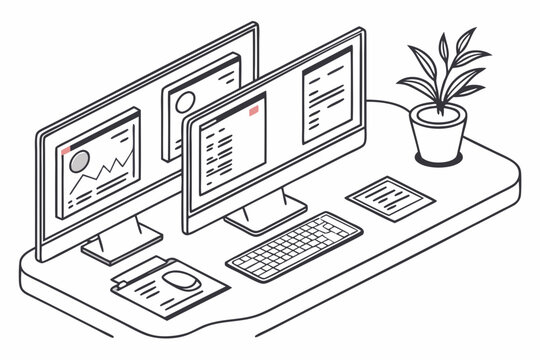 Isometric view of a desk with two monitors, keyboard, plant and other office items on a white background