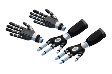 Poster - Futuristic robotic hands and arms with blue accents on black background