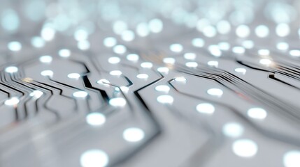 Poster - Abstract lines forming a circuit board pattern with glowing nodes, isolated on a pure white background. High-tech, connectivity.