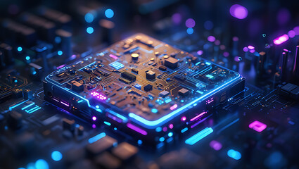 Poster - A closeup of a glowing microchip reveals the intricate circuitry and advanced technology within