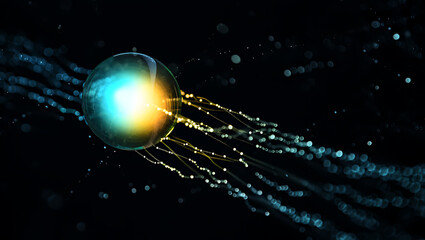 Poster - A glowing sphere emits streams of light, representing energy, digital networks, and technological advancement in a futuristic abstract design