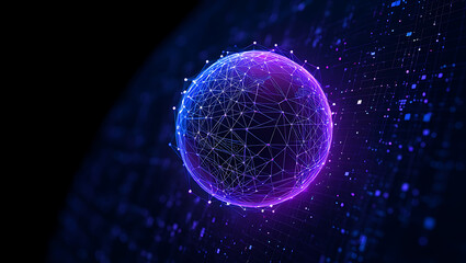 Poster - A glowing purple and blue digital sphere represents a connected network, symbolizing global communication and technological advancement