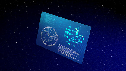 Poster - A futuristic digital screen displays complex data and information against a backdrop of stars in the vast expanse of space
