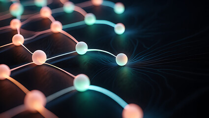 Poster - A glowing network of interconnected nodes represents data flow and communication in a modern technological system