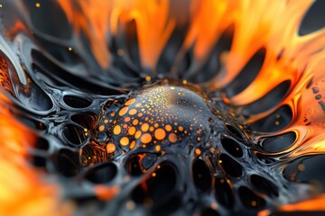 Poster - Dynamic swirling patterns of abstract ferrofluid create striking visual effects in black and orange hues, 4K Abstract Ferrofluid
