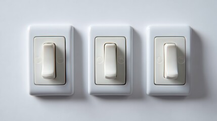 Poster - A row of three simple white light switches, off position, isolated on a pure white background. Control, power.
