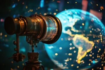  - Scope scanning the globe with digital connections visible at night, scope scanning over globe with connections