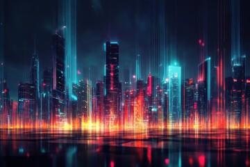 Poster - Smart city visualizing communication networks with dynamic urban elements at night, Smart city and communication network concept