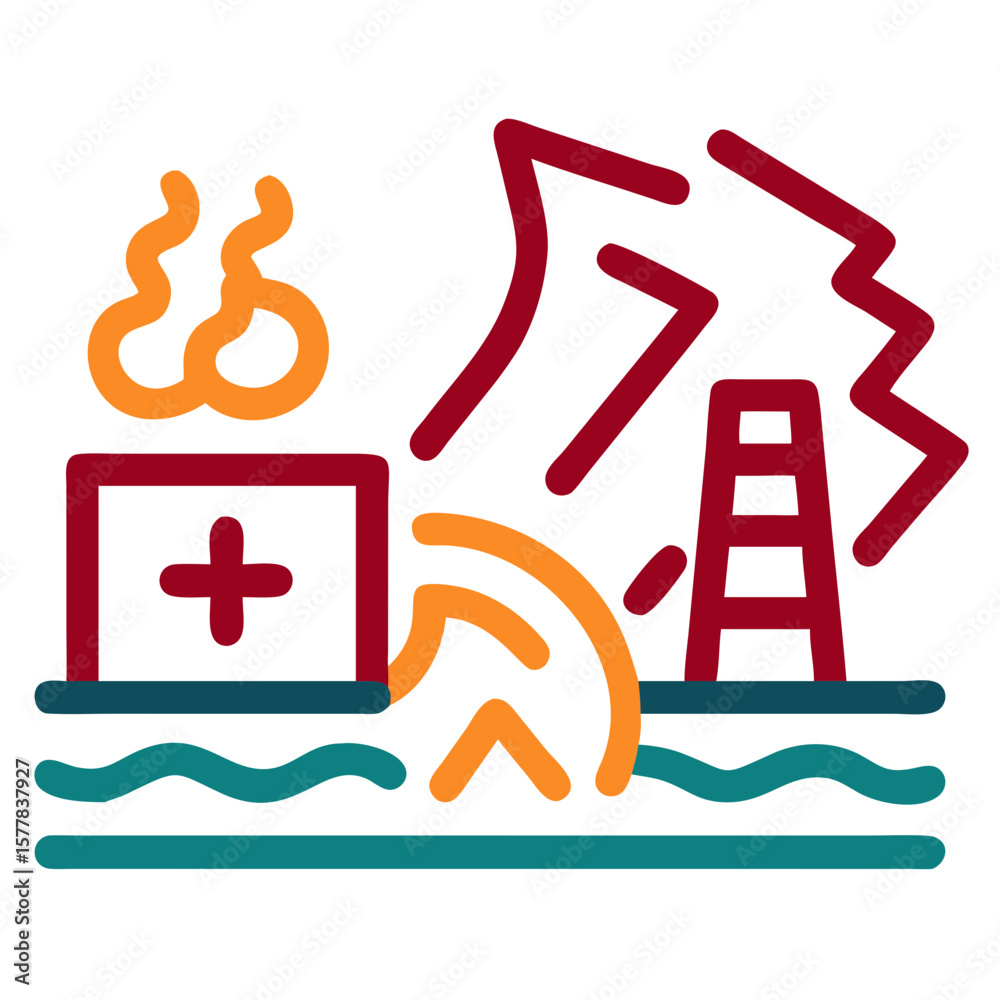 Disaster R Bank Building Icon Disaster icon shows a building near water with fire and a damaged ...