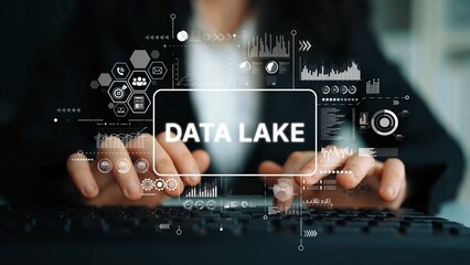 Fototapete - Business Professional Analyzing Data Lake Concepts with Digital Graphics and Technology Elements on Keyboard. Asymptotic smart data analytic.