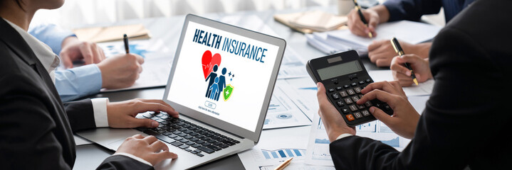 Poster - Business intelligence and data analysis concept. Analyst team working on financial data analysis dashboard on laptop screen as marketing indication for effective business strategic planning. Insight