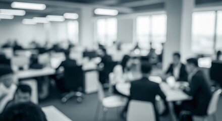 Poster - Modern Business Office Collaboration - Symbolizing teamwork, productivity, innovation, communication, and growth in a modern business setting. Blurred of a busy office space