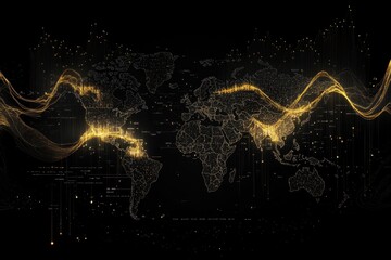 Poster - Financial data processing visualization over a world map on a black background, financial data processing over world map on black background