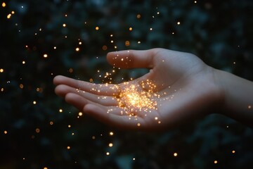 Poster - Falling sparkle glow effects creating a magical night light ambiance in a hand outdoors, falling sparkle glow night light video effects