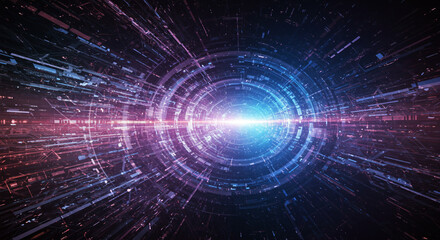 Poster - Abstract futuristic tunnel with glowing light and radial lines in a dark space setting