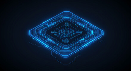Poster - Glowing blue diamond shaped circuit board floating on a dark background with geometric patterns