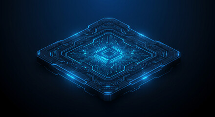 Poster - Isometric view of a glowing blue circuit board with intricate patterns on a dark background