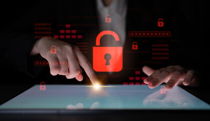 Poster - Digital security concept illustrating a cybersecurity breach, with a red unlocked padlock indicating data exposure among secure systems, emphasizing system vulnerability and risk Latch