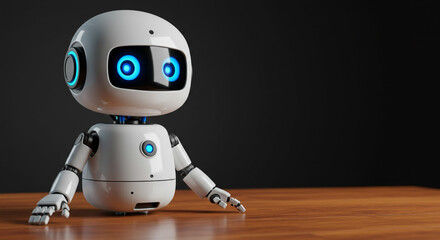 Poster - A glossy white robot with blue glowing eyes sitting on a wooden surface against a dark background