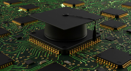 Poster - A graduation cap sitting on a computer chip with other chips on a green circuit board surface