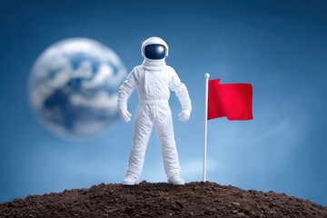 Poster - Astronaut Standing on Moon-like Surface with Red Flag and Earth in Background under Clear Blue Sky