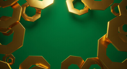 Poster - Golden heptagons arranged around a green background creating a frame like abstract composition