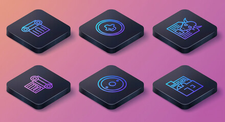 Poster - Isometric icons on black squares showing column, petri dish, bull, and building on pink background