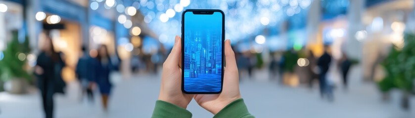 Poster - Person holding smartphone displaying city skyline image in blurred indoor shopping environment with bright lights
