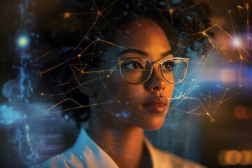 Poster - Network of connections showcased through biracial female scientist immersed in research, network of connections over biracial female scientist in laboratory