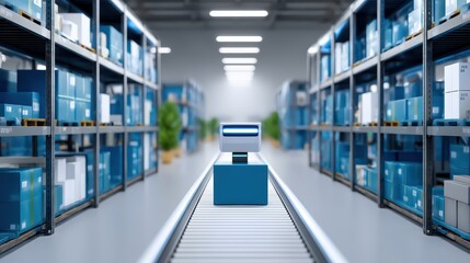 Poster - Automated warehouse with conveyor belt transporting package in modern inventory management system