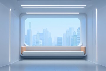 Poster - Modern Minimalist Interior with Futuristic City View and Bright Ambient Light Features
