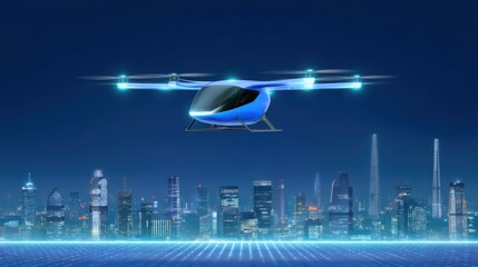 Poster - Futuristic Aerial Vehicle Flying Over Modern Cityscape at Night with Glowing Lights and Skyscrapers in the Background