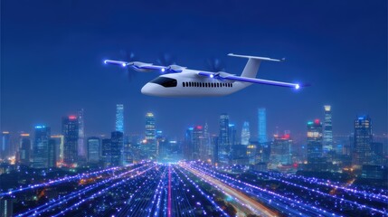 Poster - Futuristic Electric Aircraft Flying Above Urban Cityscape at Night with Bright Illuminated Skyscrapers Below