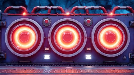 Poster - Industrial Red and Black Background with Circular Lights and Pipes for Futuristic or Sci-Fi Theme