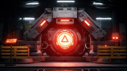 Poster - Futuristic Energy Generator in Industrial Setting with Glowing Red Lights and Mechanical Design Elements